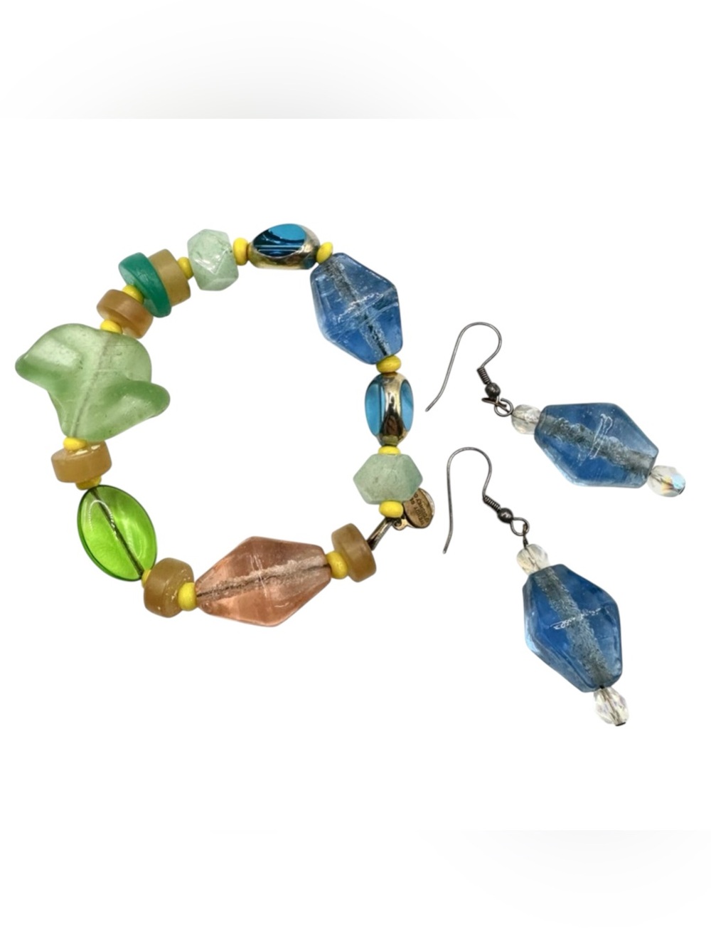 Wendy Gell “Lake Fairy” Bracelet & Earrings Set Signed Disney 90s Art Glass